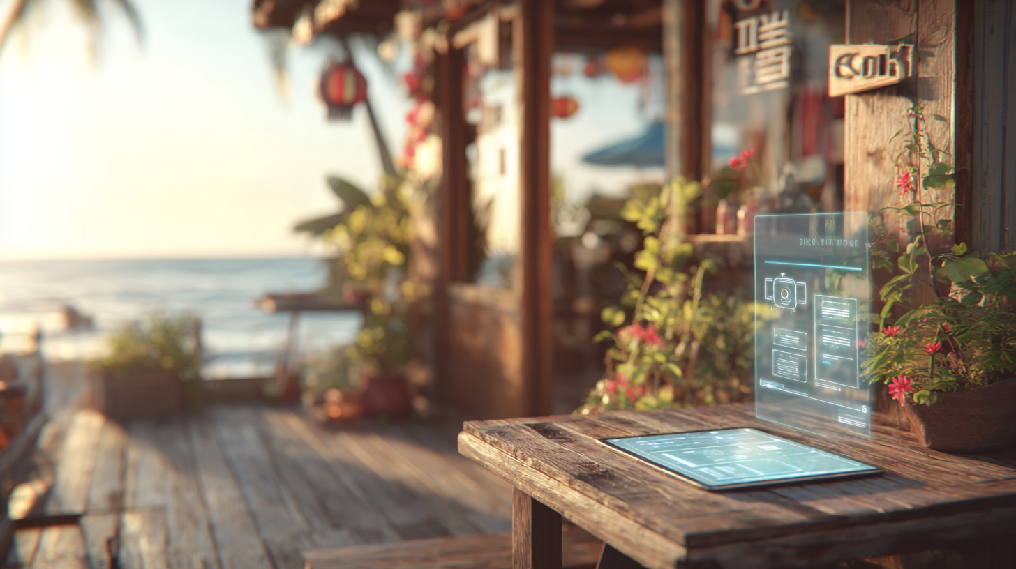 picture of a tablet with heightened graphics at a shack by the sea